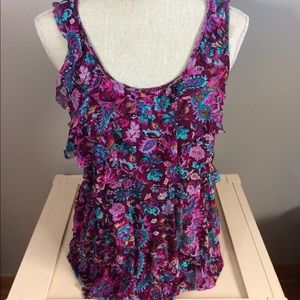 Express Sheer Ruffle Floral Colorful Sleeveless